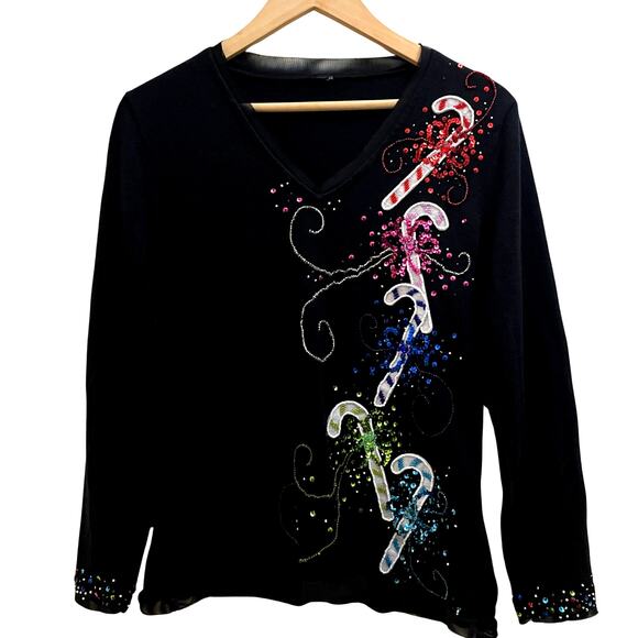 Michael Simon Vintage Christmas Sweater | Candy Canes, Holiday Black Ramie Blend - Picture 6 of 6